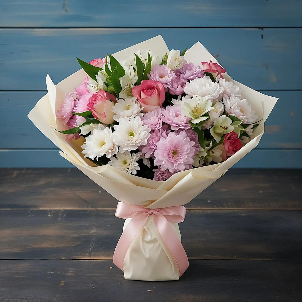 Букет цветов из: Хризантемы, Альстромерии и Розы в Автурах